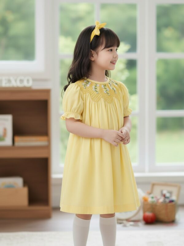 Wholesale Boutique Yellow Cotton Hand Smocked Dress Floral Embroidery Vintage Puff Sleeve Baby Girl Summer Party Frocks