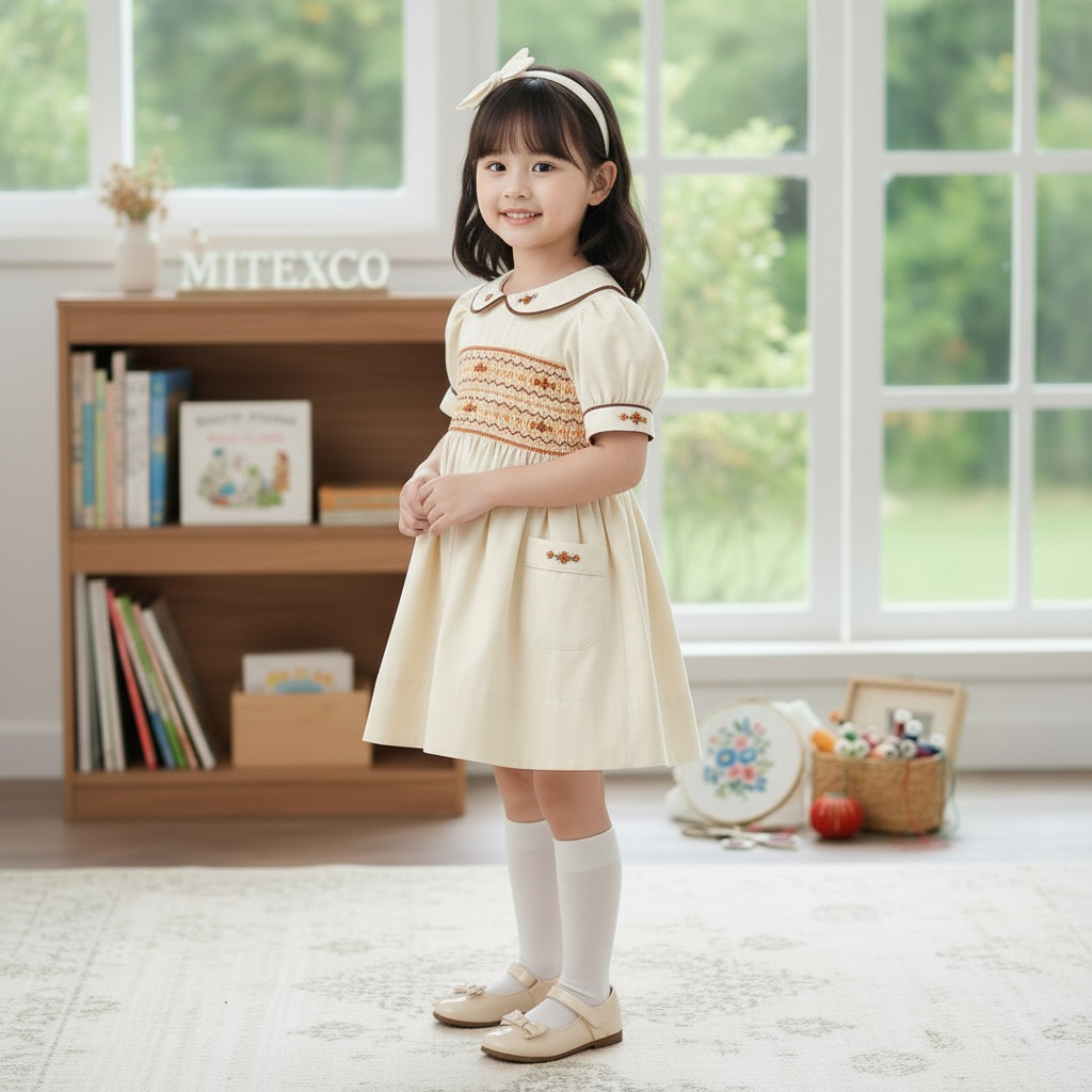 Premium Vintage Cotton Girls Smocked Dress Floral Embroidery Cream Puff Sleeve Kids Frock Boutique Wholesale Spring Clothing