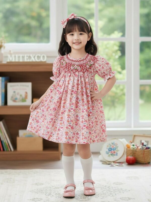 Premium Cotton Floral Smocked Girls Dress Summer Flutter Sleeve Boutique Kids Clothing Vintage Style Frock With Matching Headband