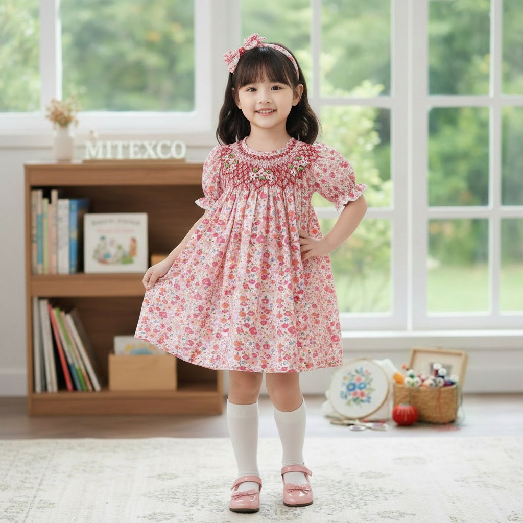 Premium Cotton Floral Smocked Girls Dress Summer Flutter Sleeve Boutique Kids Clothing Vintage Style Frock With Matching Headband