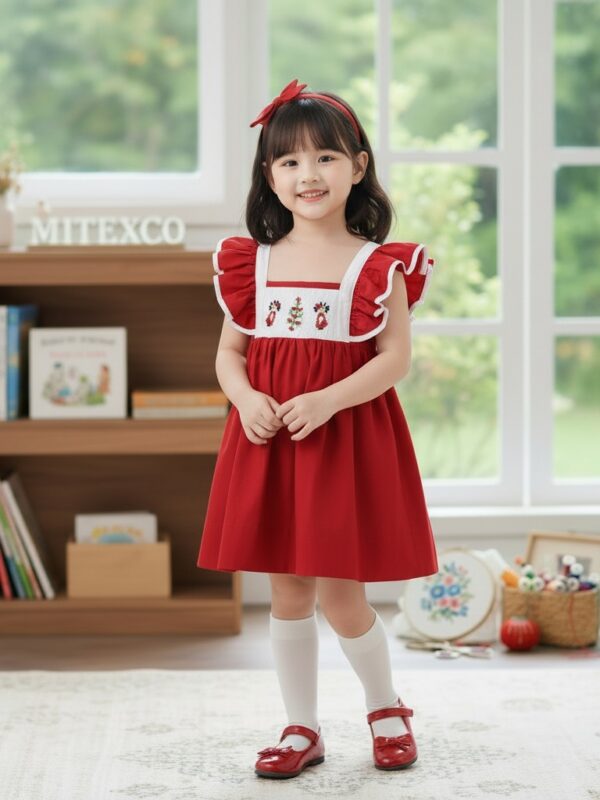 Wholesale Baby Girl Christmas Red Smocked Dress Handmade Embroidery Cotton Flutter Sleeve Toddler Holiday Party Frocks