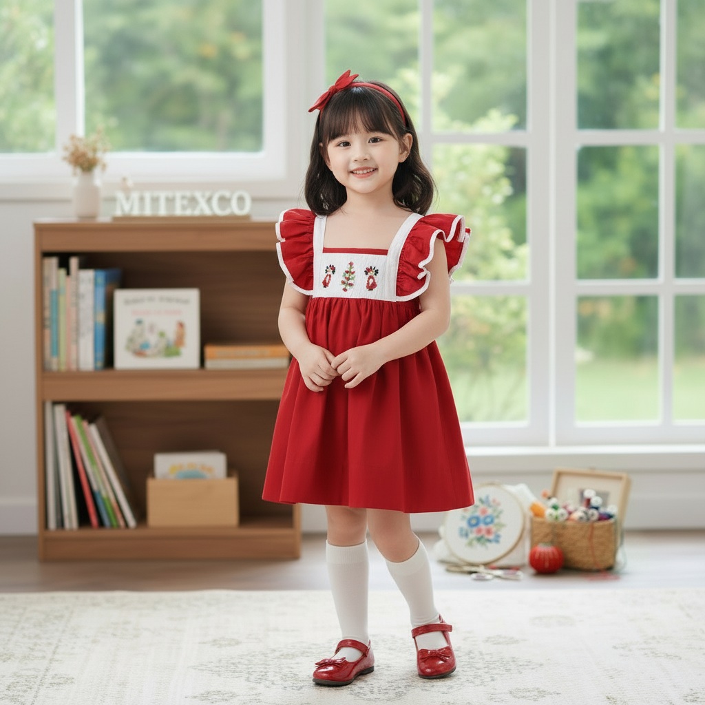 Wholesale Baby Girl Christmas Red Smocked Dress Handmade Embroidery Cotton Flutter Sleeve Toddler Holiday Party Frocks