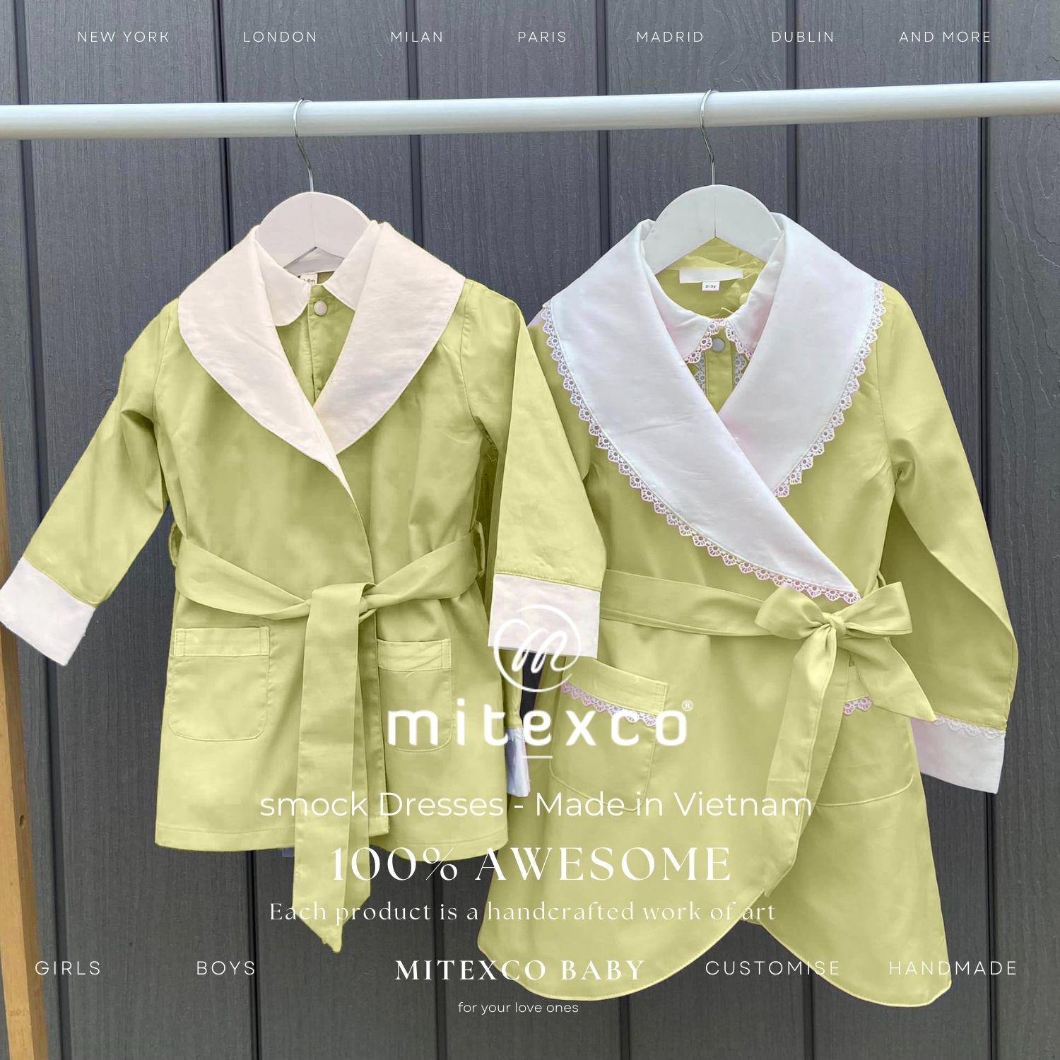 Premium Handmade Vietnam Kids Wear Custom Cotton Smocked Dress Coat Vintage Style Boys Girls Trench Overcoat with Lace Detail