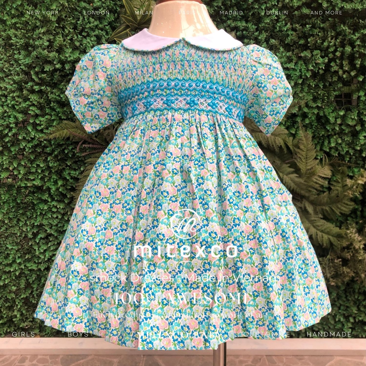 Handmade Floral Smocked Bishop Dress For Girls 100% Cotton Vietnam Manufacturer Boutique Children Clothing Summer Frock