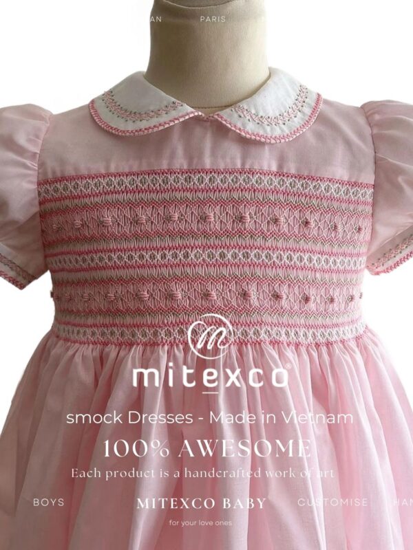 Wholesale Vietnam Manufacturer Pink Cotton Hand Smocked Baby Dress Boutique Hand Embroidery Kids Frocks Summer Girl Clothing
