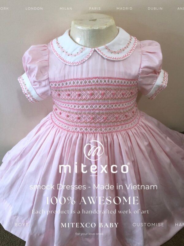 High Quality Handmade Smocked Baby Girl Dress Pink Cotton Bishop Frock Vietnam Wholesale Manufacturer Custom Toddler Party Wear