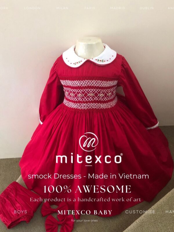 Wholesale Handmade Red Smocked Bishop Dress Vietnam Manufacturer Custom Cotton Baby Girl Christmas Frock with Bloomers