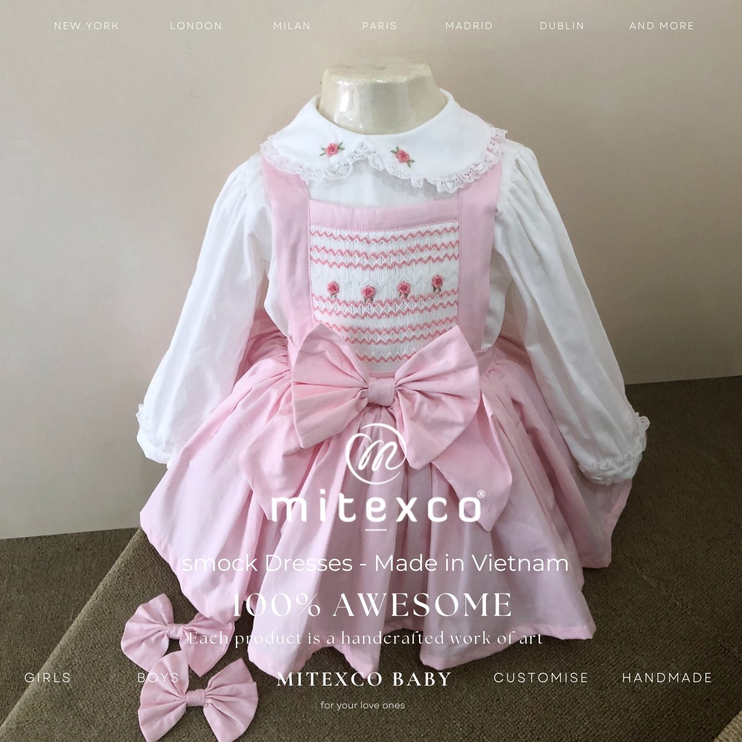 Wholesale Handmade Vietnam Smocked Baby Girl Skirt Set - Dress Pink Cotton Embroidery Vintage Style Kids Frock with Bow Accessories