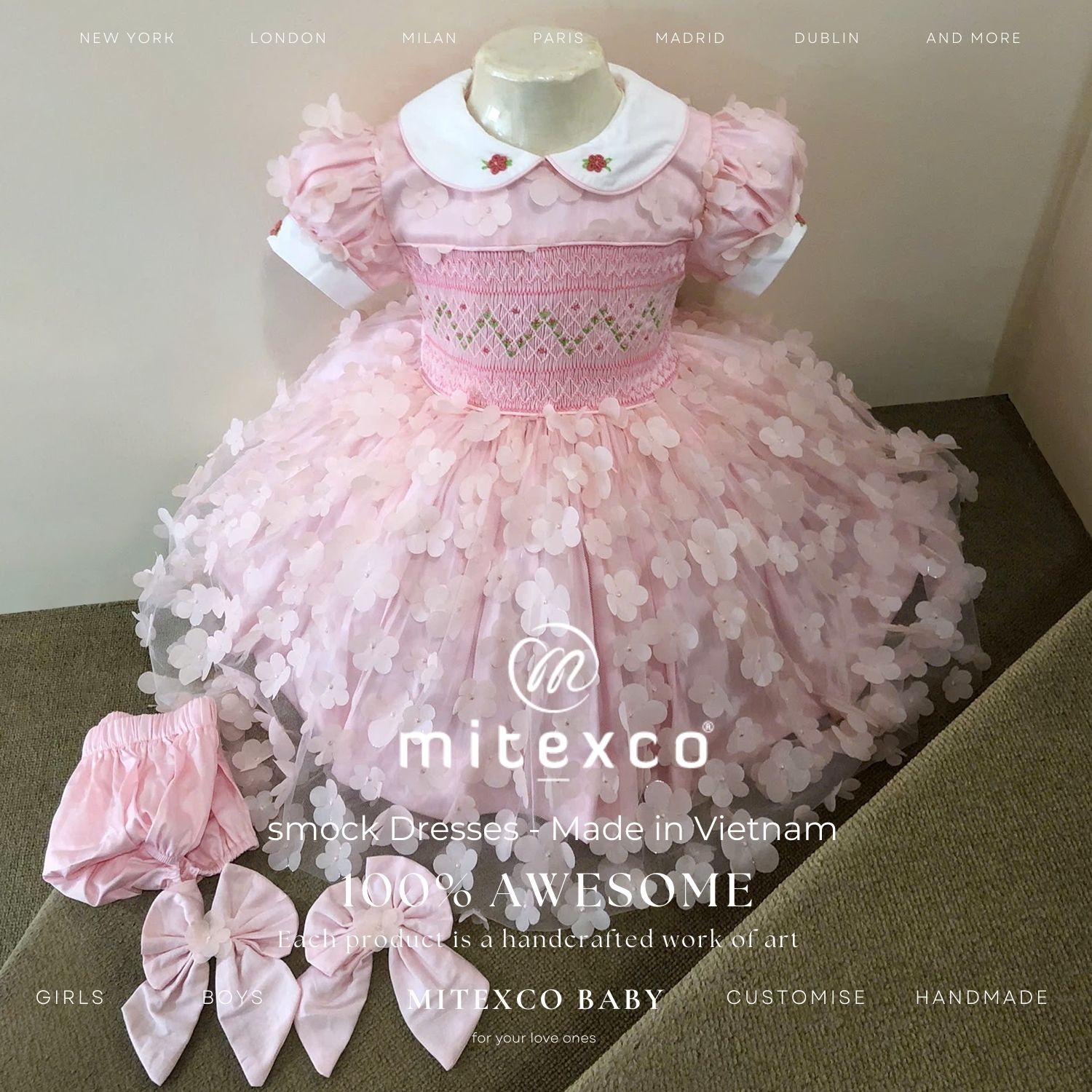 Vietnam Handmade Smocked Baby Dress Pink 3D Flower Tulle Bishop Gown Boutique Infant Party Frock With Bloomers And Bows