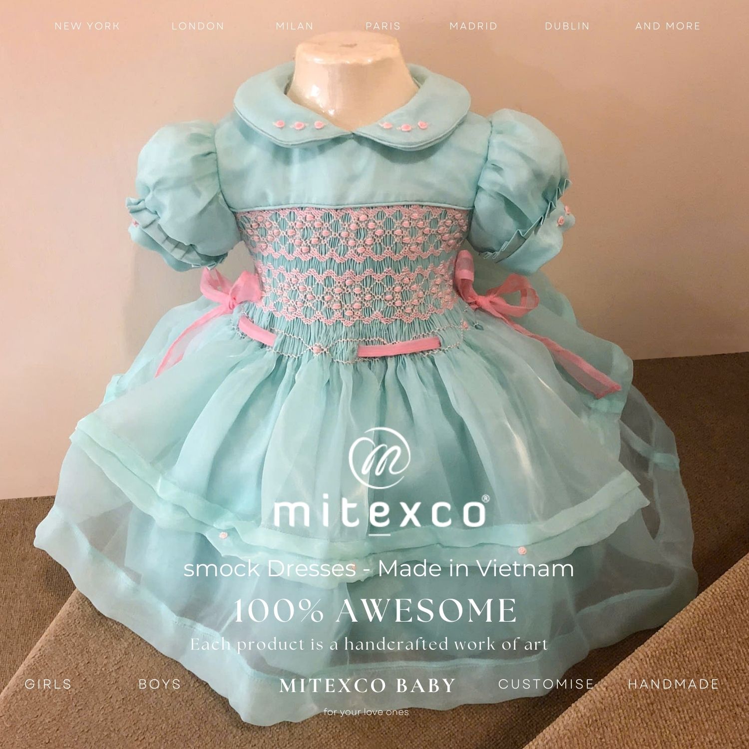 High Quality Handmade Vietnam Smocked Baby Girl Dress Light Blue Organza Embroidery Princess Party Frock Wholesale Kids Clothing
